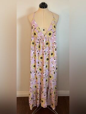 LOFT Beach Lilac Pink & Golden Mustard Floral Tiered Hem Halter Midi Sundress XL